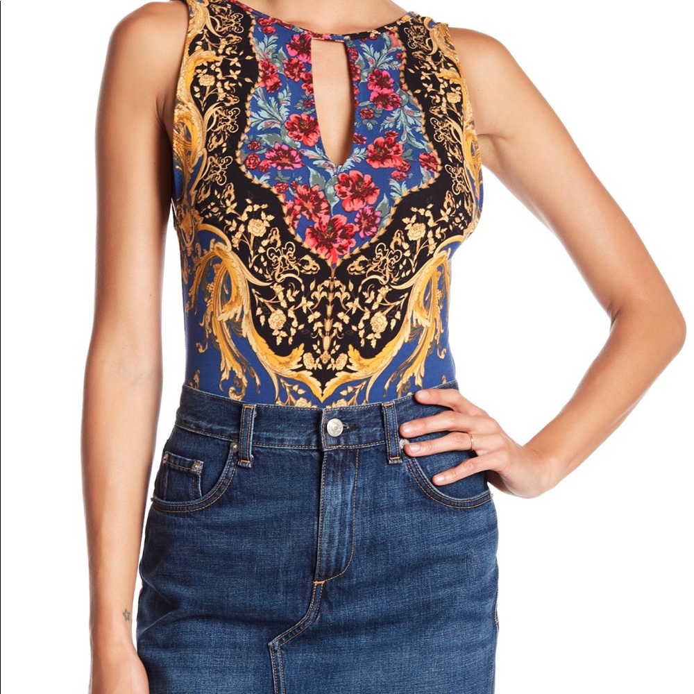 Free People Blue Floral & Gold Baroque Keyhole Tank